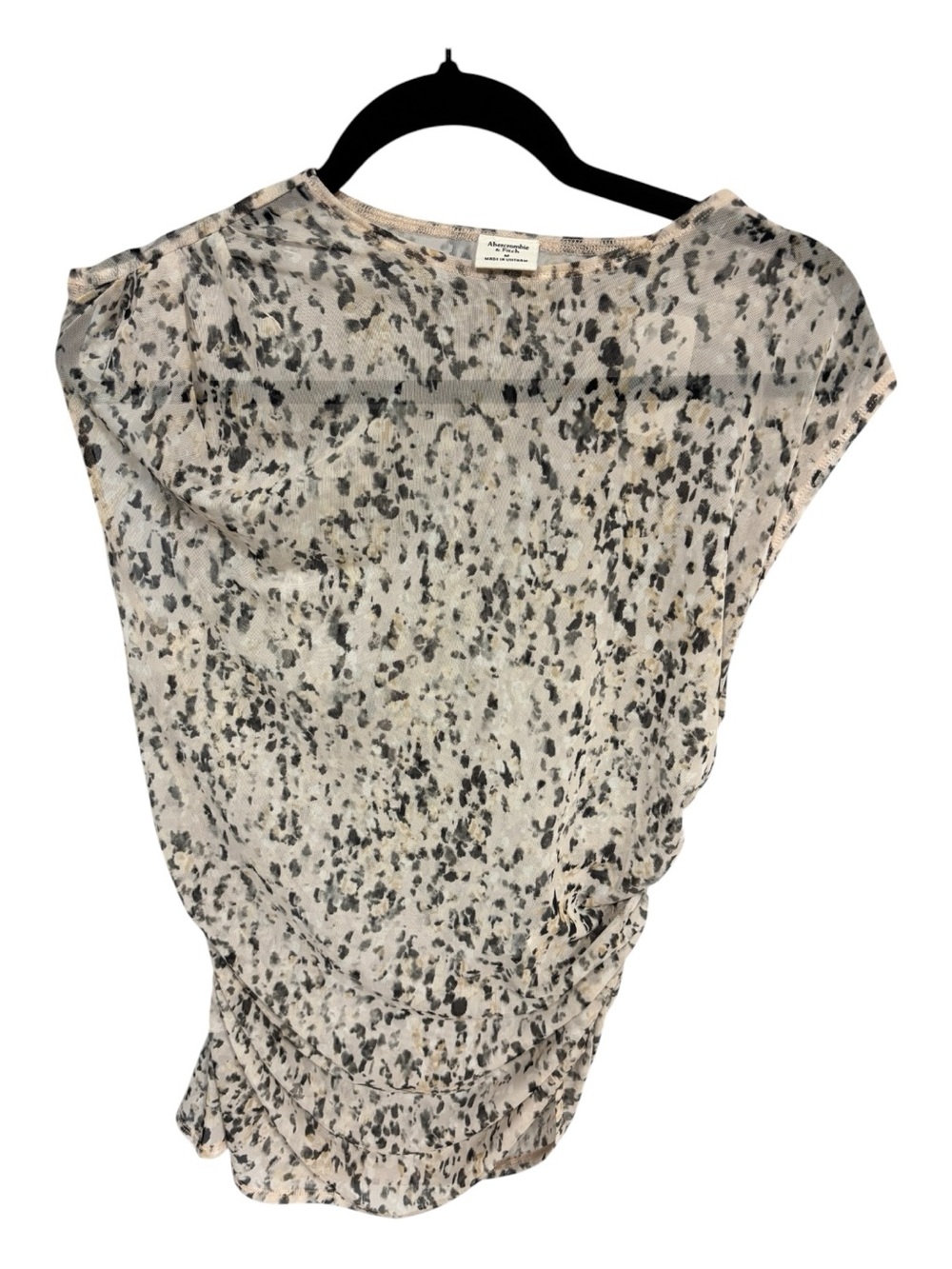 NWT Abercrombie & Fitch Beige and Black Sheer Abstract Print Ruched Blouse Sz M